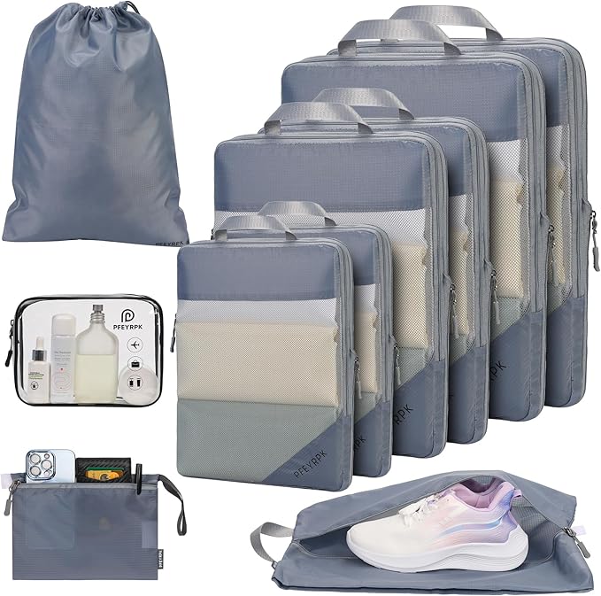 PFEYRPK Lightweight Compression Packing Cubes for Suitcases, Compressible Expandable Travel Packing Organizer with Clear Toiletries and Backpack Bag, Travel Essentials for Carry on Luggage 7 Set