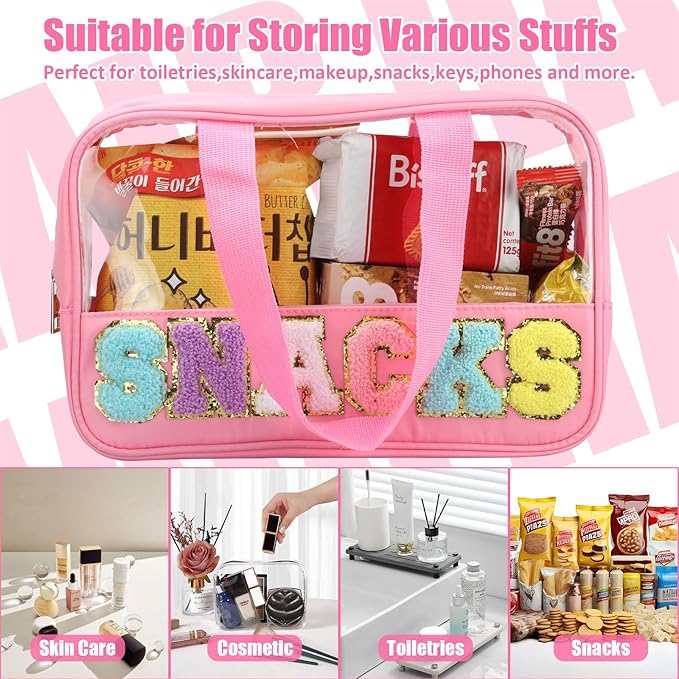 BuyCard Chenille Letter Patch Clear Travel Bags, Preppy PVC&Nylon Makeup Bag with Handle and Zipper, Waterproof Large Clear Travel Toiletry Bag Storage Bag for Women Girls