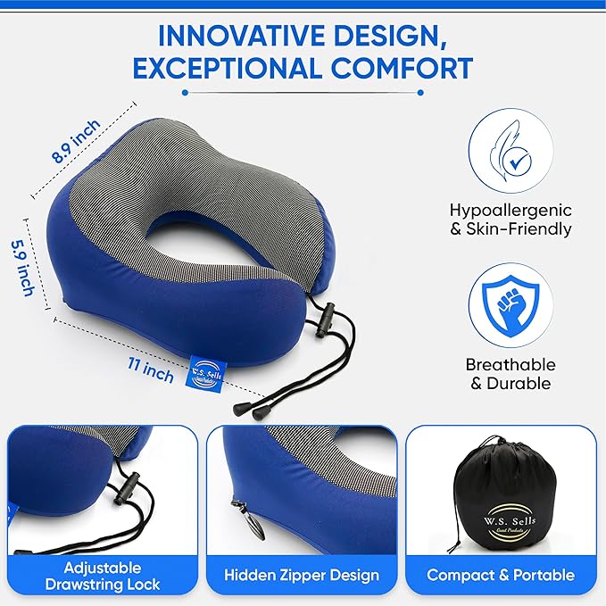 W.S. Sells Travel Neck Pillows for Airplanes - Pure Memory Foam with Ergonomic Design & Breathable Fabric - Travel Pillows for Airplanes & Cars - Set of Travel Essentials with Sleep Mask & Ear Plugs
