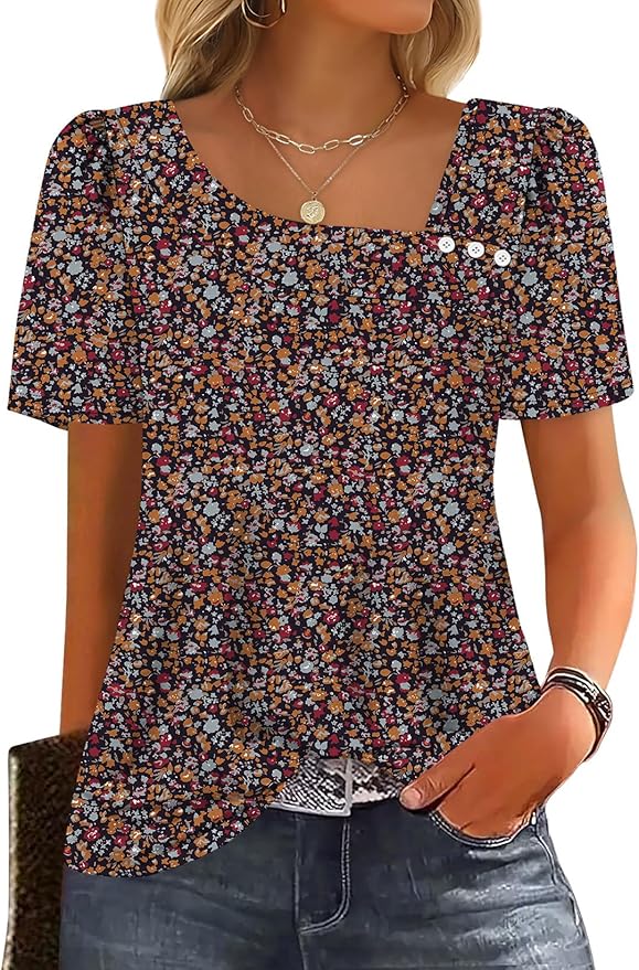 WIHOLL Womens Summer Tops Short Sleeve Shirts Square Neck Spring Outfits 2026 Fashion Clothing Blouses