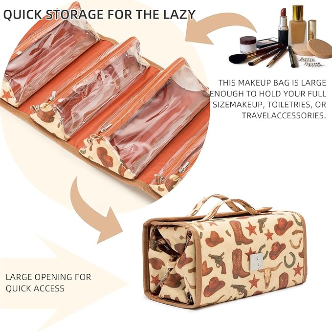ROYALFAIR Roll Up Makeup Bag, Travel Toiletry Bag for Women with 4 Clear TSA Approved Pouches, Hanging Travel Organizer, Folding Cosmetic Bag for Men and Women