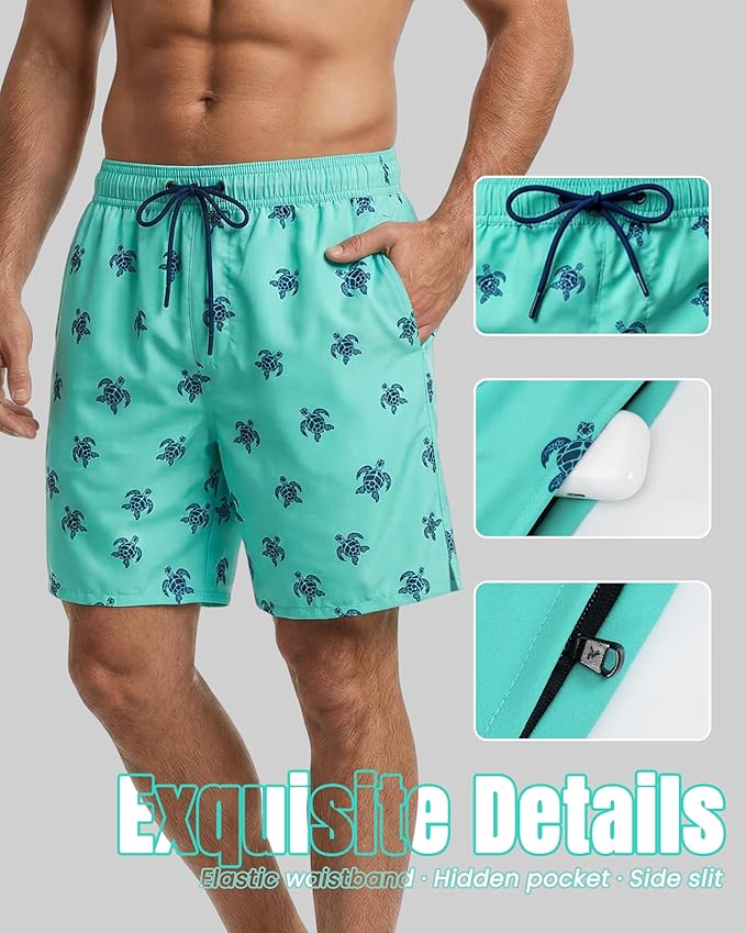 7 Inch Men Swim Trunks with Compression Breathable Liner Quick Dry Zipper Pockets for Pool Board Beach Cruise