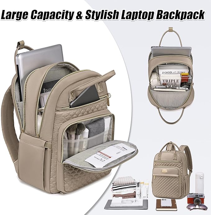 Tealari Laptop Backpack for Women,15.6 Inch Laptop Backpack for Work,Water Resistant Travel Backpack,College Bookbag with Wallet (Khaki)