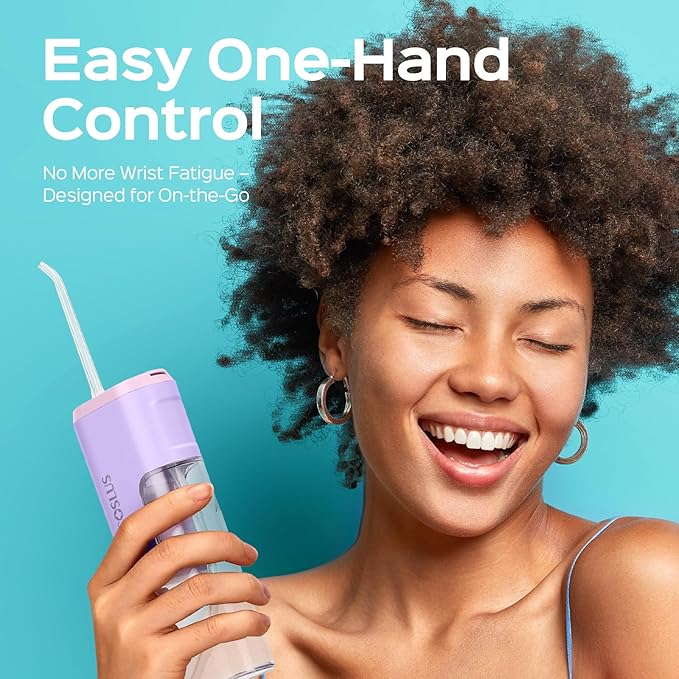 COSLUS T40 Mini Water Flosser for Travel: Portable Compact Design, Cordless Oral Irrigator with 4 Jet Tips, Removable Tank & IPX7 Waterproof for Braces, Sensitive Teeth & On-The-Go Use, Pink Purple