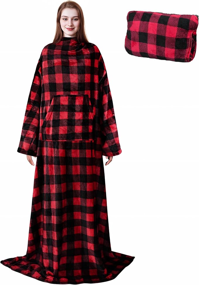 Solaris Travel Wearable Blanket with Sleeves, 2 in 1 Packable Airplane Pillow Blanket for Adult Women Men, Soft Cozy Warm Snuggy Body Blanket for Outdoor Indoor Home Lounge, Red Plaid