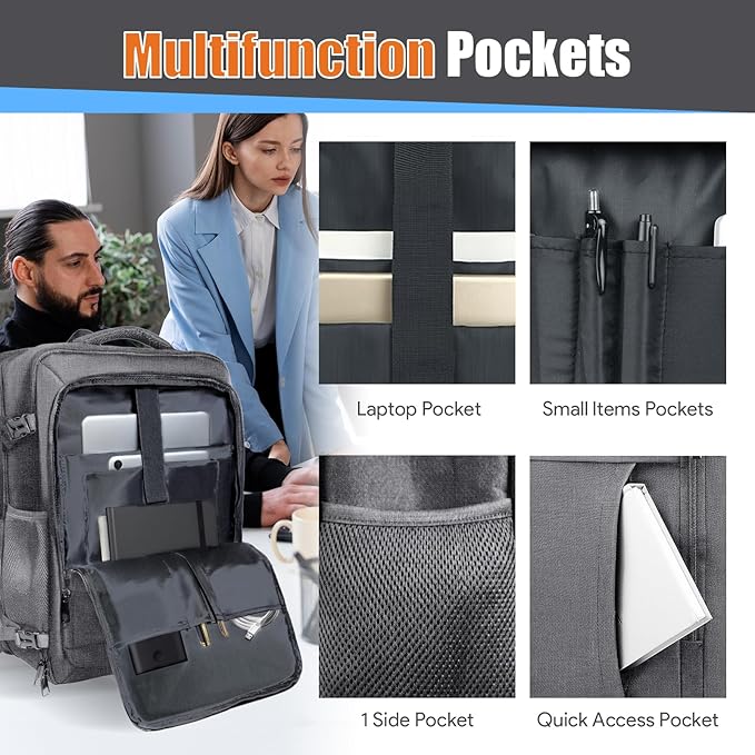 Expandable Carry on Backpack 50L-60L, Extra Large Travel Backpack Hiking Camping Rucksack with Waterproof Wet Pocket, Anti-Theft 19 Inch Gaming Laptop Bag for Road Trip Outdoor Sports, Grey