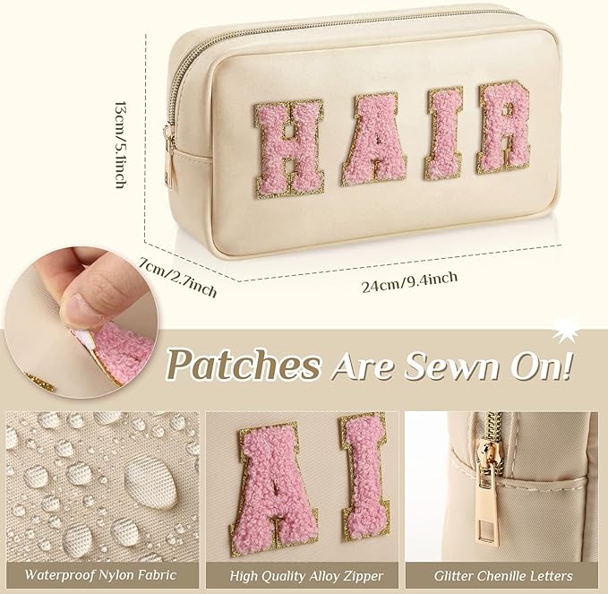 Cunno 4 Pcs Preppy Makeup Bags Chenille Letter Stuff Bag Nylon Cosmetic Pouch Cases with Zipper for Women Travel Toiletry