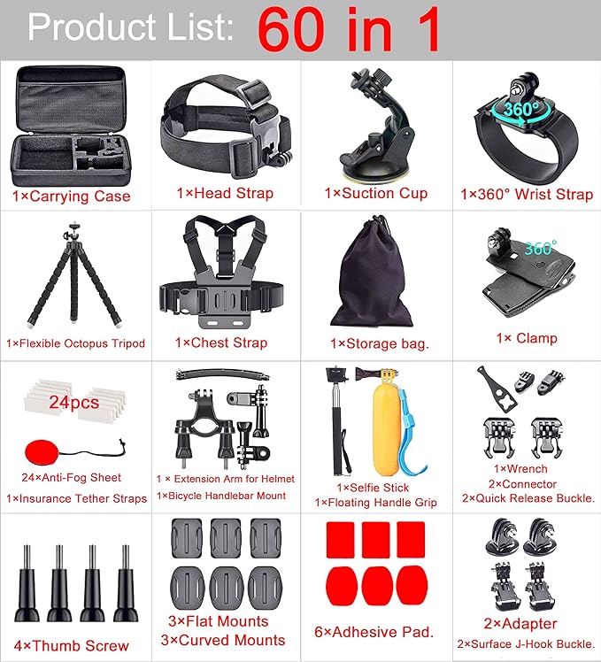 60 in 1 Camera Accessories Kit Compatible with GoPro Hero 13 12 11 10 9 8 7 6 /Session 5/Hero 4/3+/3/2/1, Insta360, DJI Osmo Action, AKASO, APEMAN, Campark, SJCAM