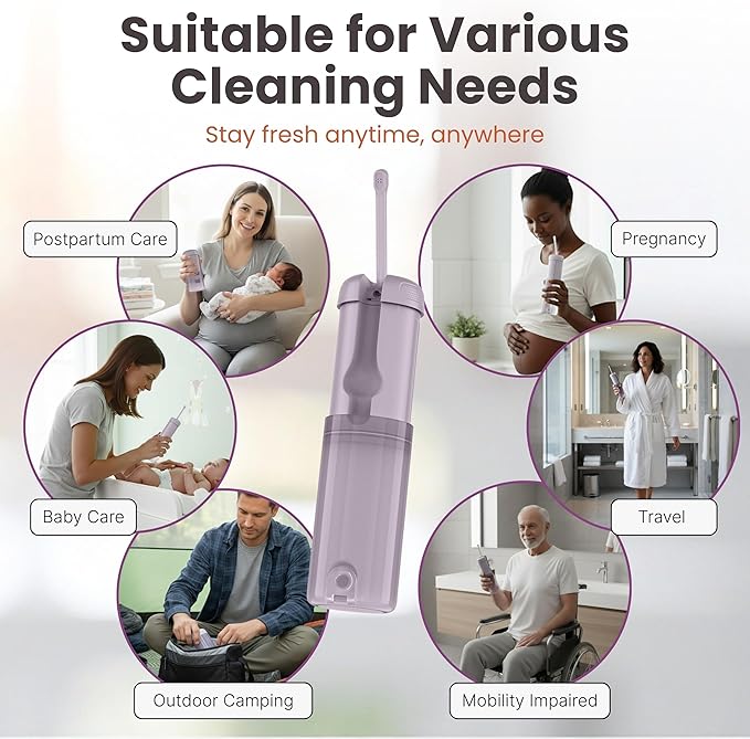 Portable Bidet - 250ml Rechargeable Electric Handheld Bidet with 5 Adjustable Spray Modes, 8 Replaceable Nozzles for Peri Bottle for Travel, Perineal, Postpartum & Post-Surgery Care (Purple)