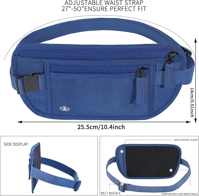 Money Belt for Travel, RFID Blocking, Hidden Money Belt, Passport Holder for Travel (Dark Blue)