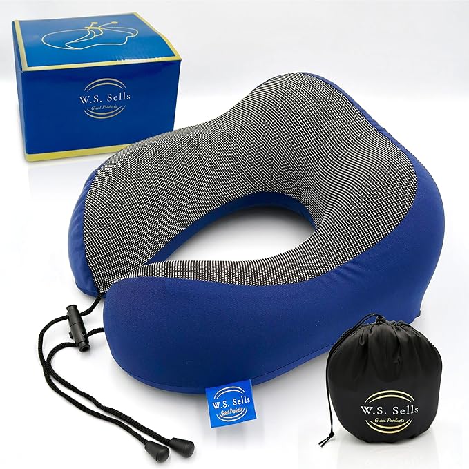 W.S. Sells Travel Neck Pillows for Airplanes - Pure Memory Foam with Ergonomic Design & Breathable Fabric - Travel Pillows for Airplanes & Cars - Set of Travel Essentials with Sleep Mask & Ear Plugs