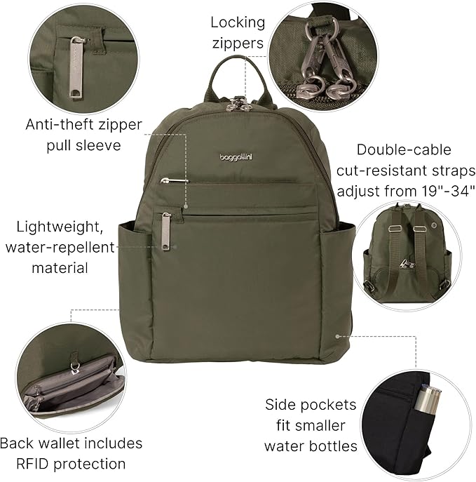 Baggallini Securtex® Anti-theft Vacation Travel Backpack 10x13 Slash-Resistant Nylon Daypack w/RFID