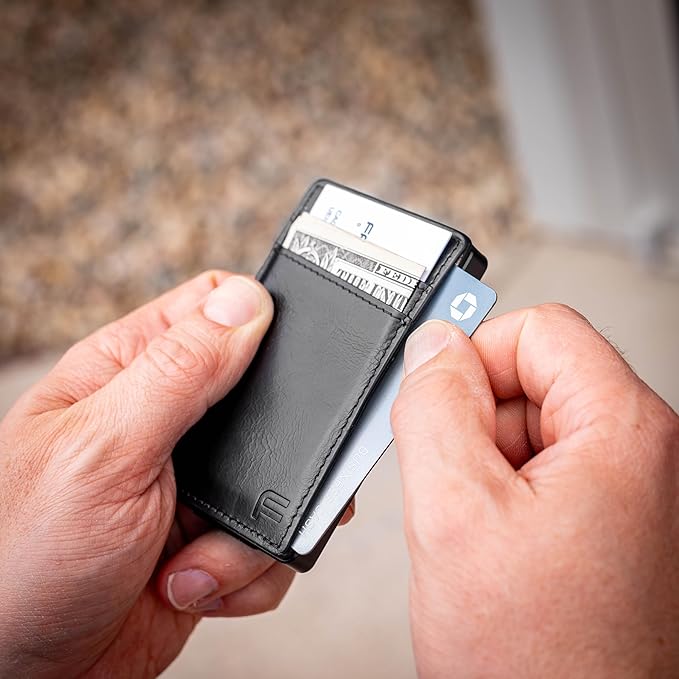 Faraday Wallet - RFID Blocking | Aluminum Credit Card Holder | Slim Minimalist Wallet | Locking Button Release | MagSafe Compatible | Money Clip | Genuine Leather (Faraday Companion Wallet)