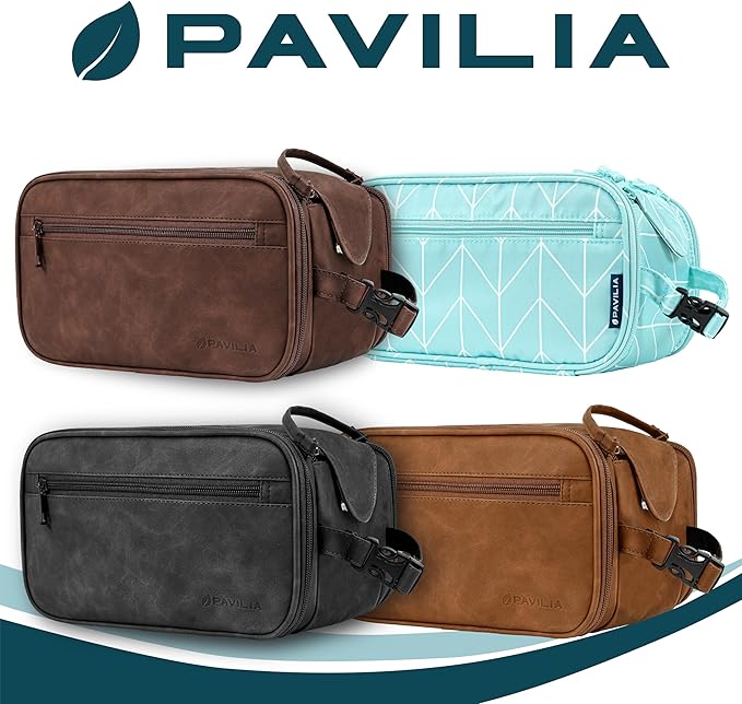 PAVILIA Toiletry Bag for Men, Hanging Travel Dopp Kit Organizer, PU Leather Water Resistant Bathroom Bag for Shaving Grooming, Large Capacity Cosmetic Bag Travel Essentials, Black