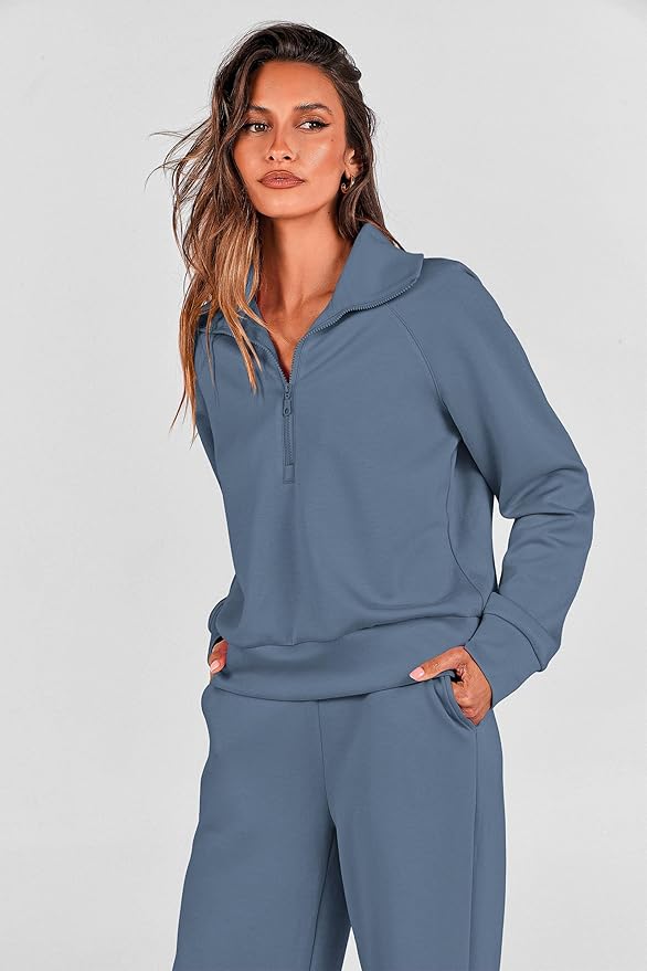 PRETTYGARDEN Women's 2 Piece Outfits Casual Lapel Half Zip Sweatshirts and Wide Leg Pants Tracksuit Sets