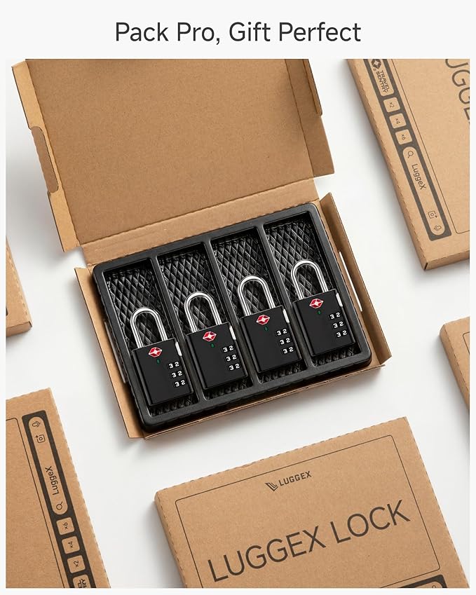 LUGGEX Luggage Locks, TSA Locks for Luggage, Luggage Locks TSA Approved, Combination Lock, One-Button Reset & Cut Resistant (Black,4 Pack)