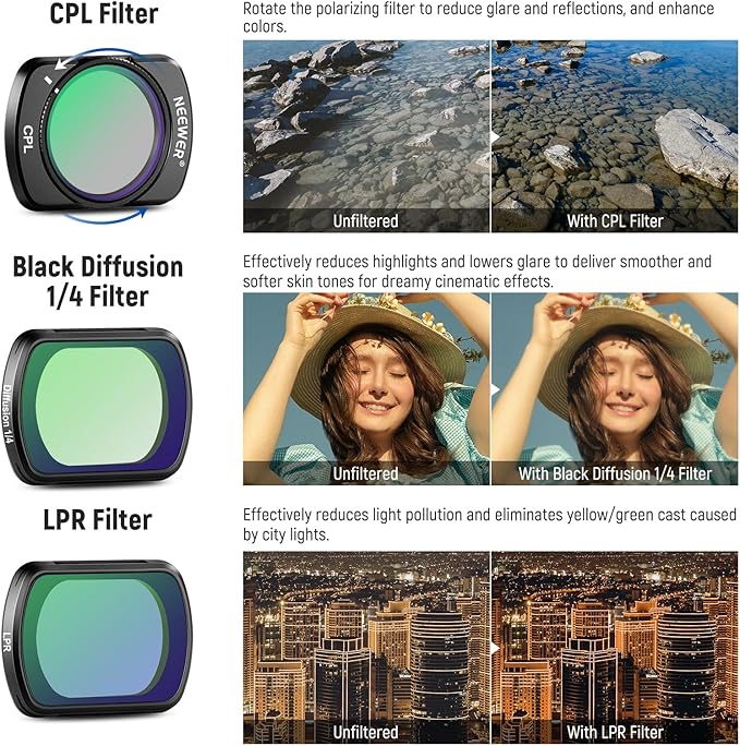 NEEWER Magnetic ND Filter Set Compatible with DJI OSMO Pocket 4 & Pocket 3, 14 Pack CPL ND8/16/32/64/128/256/1000 ND8/PL ND16/PL ND32/PL ND64/PL Light Pollution Reduction, Black Diffusion 1/4