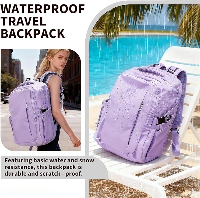 Travel Backpack for Women Men Carry on Backpack, Airline Approved Large Travel Bag Flight Approved Personal item, 15.6 Inch Laptop Backpack Casual Daypack for Weekender Business Hiking-PURPLE