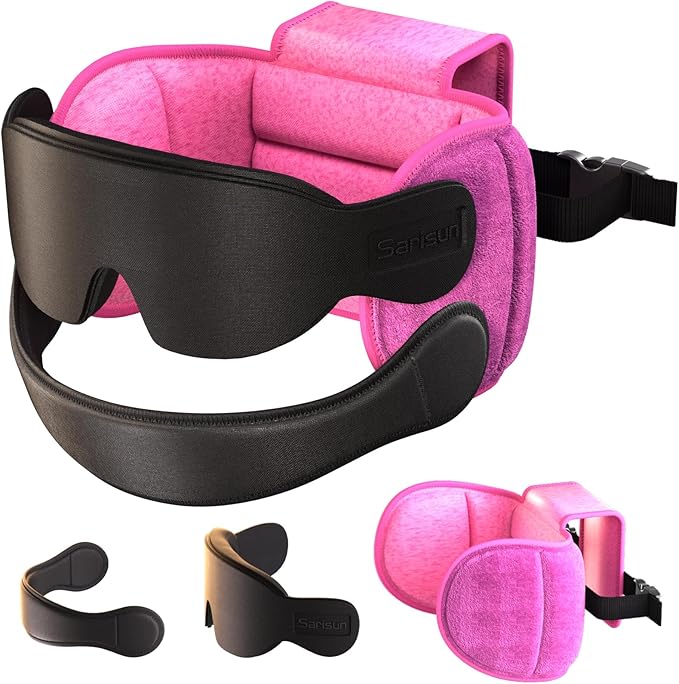 SARISUN Travel Pillow Combo with Chin Strap, Airplane Pillows with 3D Eye Mask for Sleeping, 360° Support Plane Head Strap for All Plane Seats, Long Flights Essentials, Stop Bobblehead, Pink