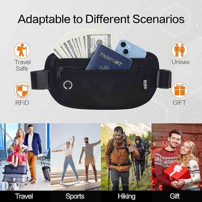Slim Money Belt for Travel - Anti-Theft Hidden Passport Holder Waist Wallet with Secure Pouch for Cash, Credit Cards & Phone Safe (Small Black)