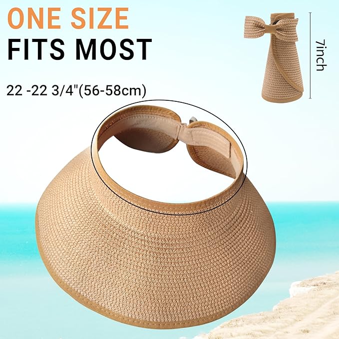 PFFY Sun Visors Hats for Women Wide Brim Straw Visor Packable Foldable Ponytail Travel Beach Hat Vacation Essentials