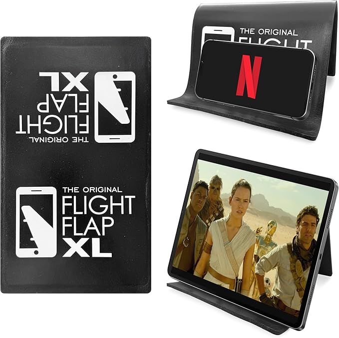 Flight Flap Airplane Tablet Holder, Flexible Cell Phone and Tablet Holder Extra Large 12x7”, Folding Cellphone Stand for Desk, Kindle, Bed, Airplane Gadgets Long Travel Essentials (Black)