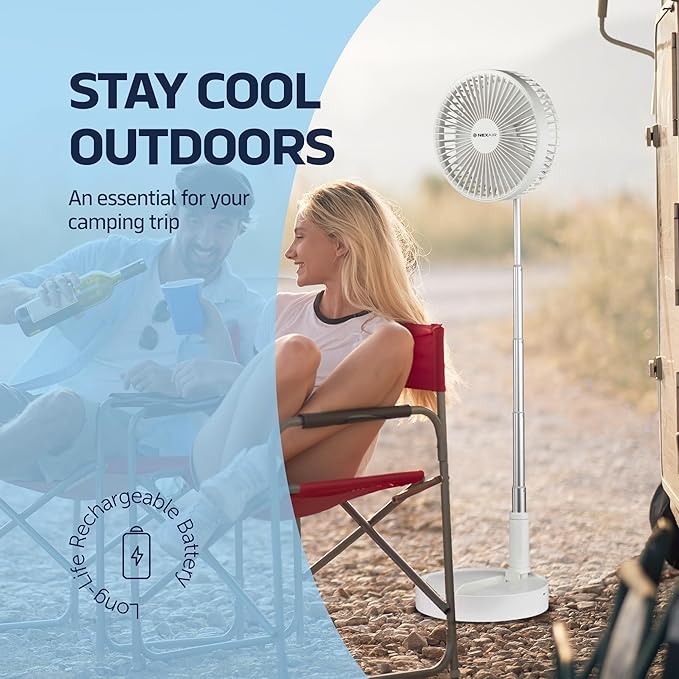 NEXAIR Premium 8" Foldable 4 Speed Portable Fan with Adjustable Height 14” – 39.5 in, Rechargeable Folding Fan For Home And Office, Quiet Floor Fan For Bedroom, Battery Operated Fan For Travel