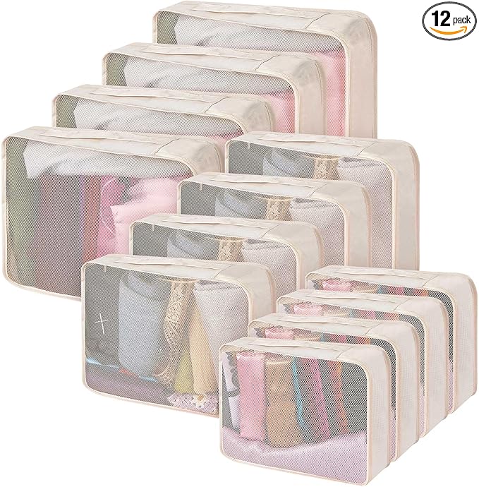 Silkfly 12 Pcs Packing Cubes for Suitcase Travel Luggage Bags Bulk Mesh Organizer Set for Hiking Camping Backpacking Clothes Accessories(Light Khaki, XL, L, M Size)