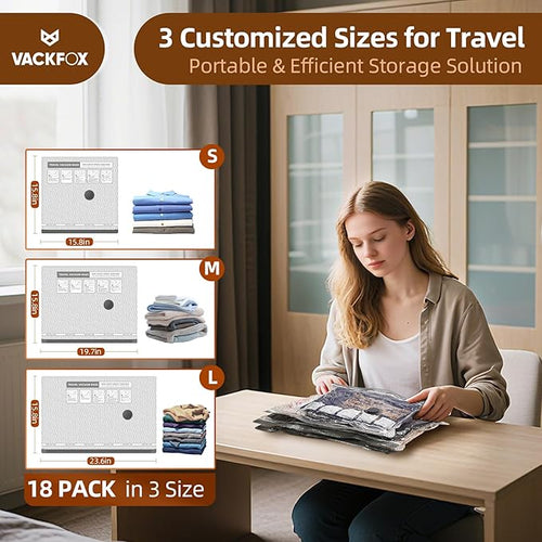 18 Pack Travel Vacuum Bags for Clothing,Compression Seal Packing Cubes for Suitcase Backpack,Vacuum Seal Bags for Clothing,Carry-on Size Space Saver Storage Bags 80% for Travel & Home(No pump)