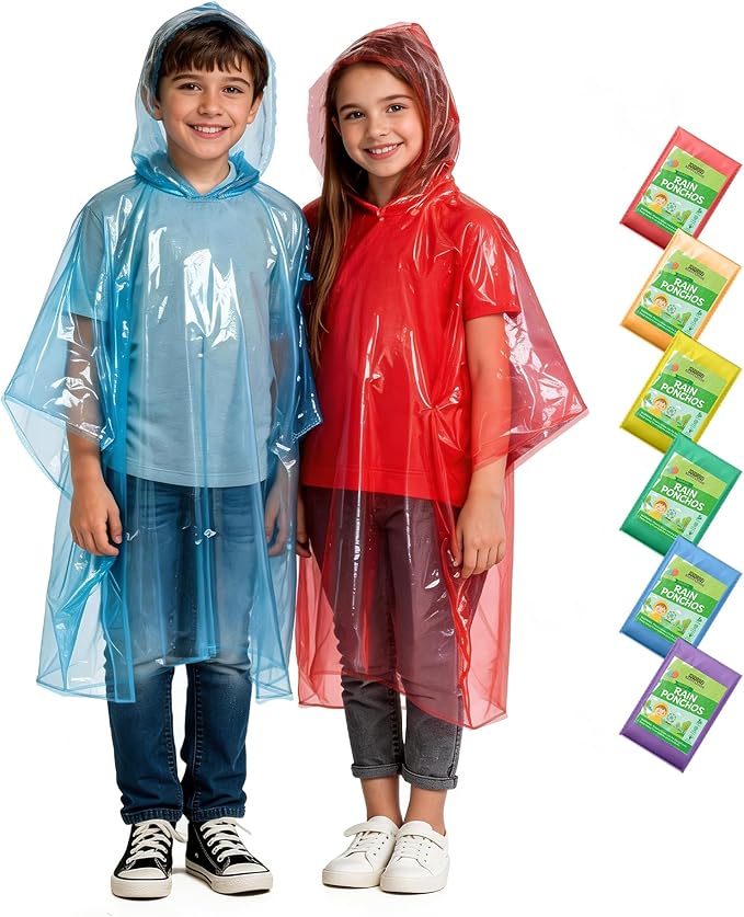 Hitituto Rain Ponchos Family Pack Kids– 6/12/24 Pack Disposable Poncho with Hood, Clear & Assorted Colors, Home Survival Kits