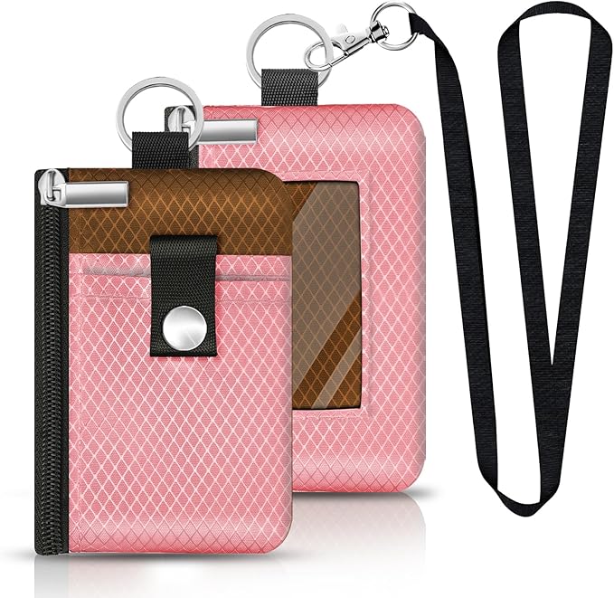 Minimalist RFID Blocking Small Wallet with ID Window,WaterResistant Zip Id Case Wallet with Lanyard Keychain for Cards,Cash,Travel,Women,Men (Pink/Brown)