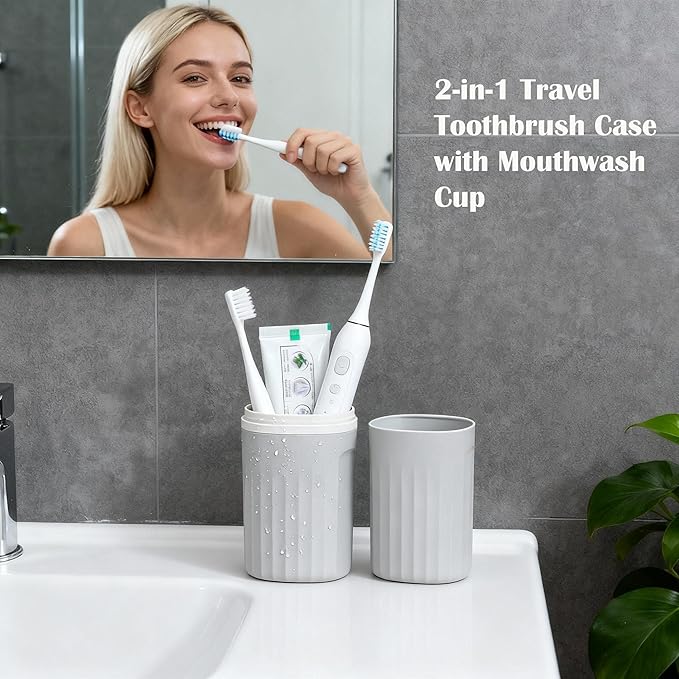 Toothbrush Travel Case, 2 in 1 Compact Travel Toothbrush Holder with Mouthwash Cup, Portable Toothbrush and Toothpaste Travel Case for Camping, Business Trip, School, Bathroom
