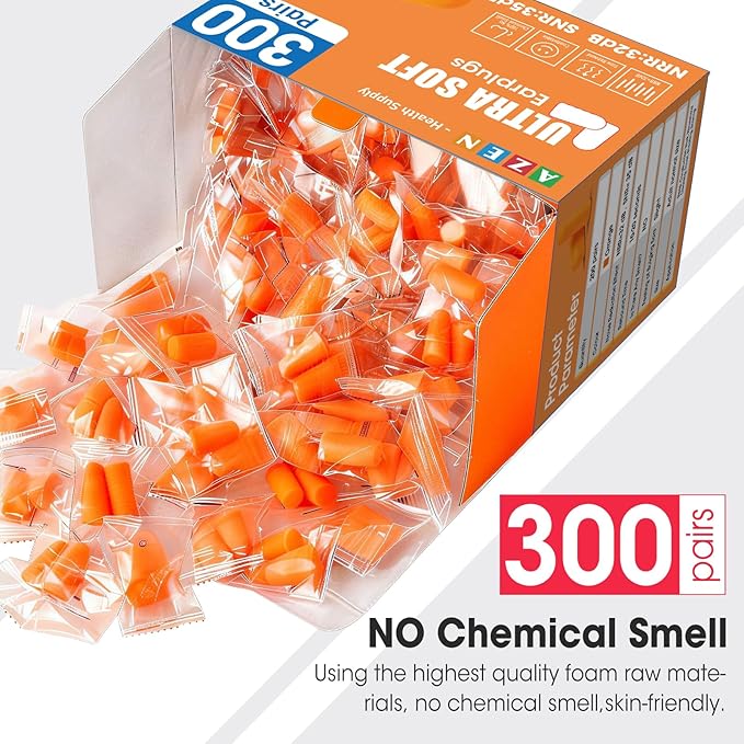 AZEN 300 Pairs Ear Plugs, NRR 32dB Soft Foam Ear Plugs for Sleeping Noise Cancelling, Earplugs for Concerts Shooting Swimming Noise Reduction,Individually Wrapped (Orange)