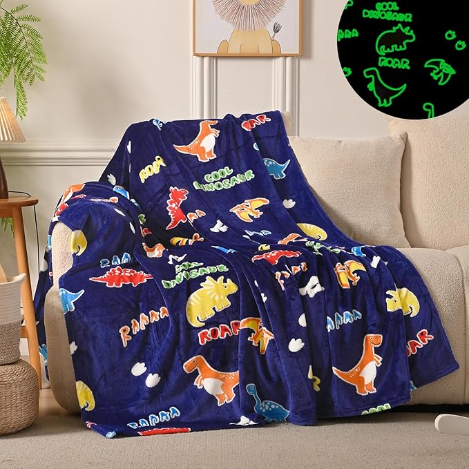 Wajade Dinosaur Glow in The Dark Blanket Dinosaur Gifts for Boys Girls 1 2 3 4 5 6 7 8 9 10 11 12 Kids Blanket with Dino Birthday Ideas Soft Bed Couch Throw Home (Navy Blue 50"x60")