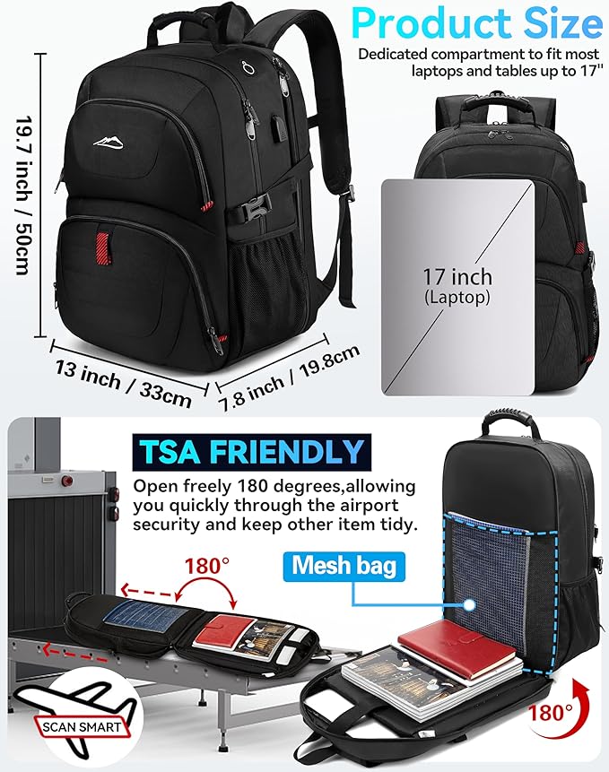 ProEtrade Travel Backpack, Extra Large Laptop Backpack School Business Anti Theft TSA Approved College Work Computer Bag Fits 17 Inch Laptop with USB Charging Port Bookbag for Women Men(Black)