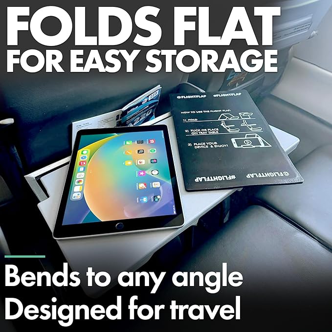 Flight Flap Airplane Tablet Holder, Flexible Cell Phone and Tablet Holder Extra Large 12x7”, Folding Cellphone Stand for Desk, Kindle, Bed, Airplane Gadgets Long Travel Essentials (Black)