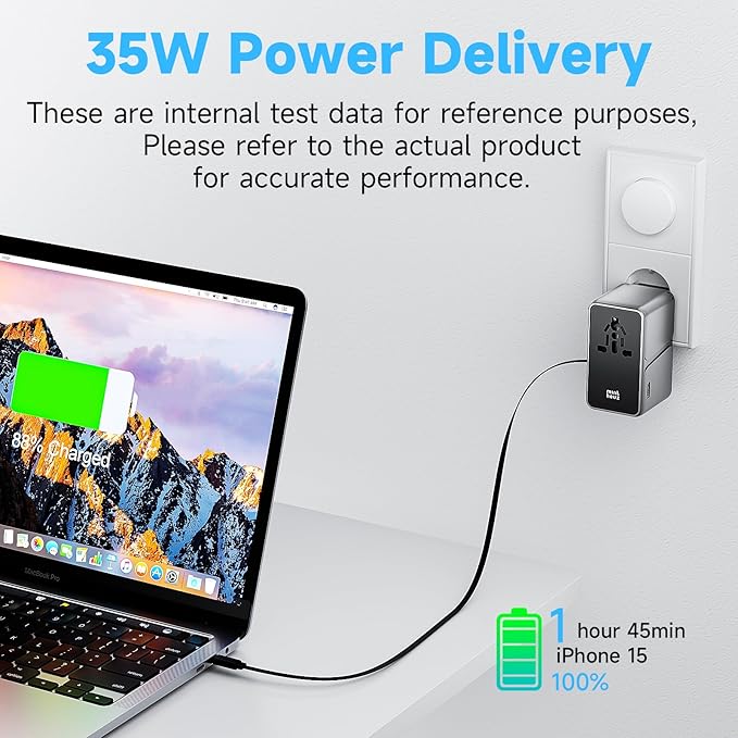 Minthouz Universal Travel Adapter, International 35W Power Adapter GaN Fast Charger with 3 USB-C PD & Cable & 1 USB-A Ports, All-in-One Portable AC Power Plug Adapter for USA EU UK AUS and More
