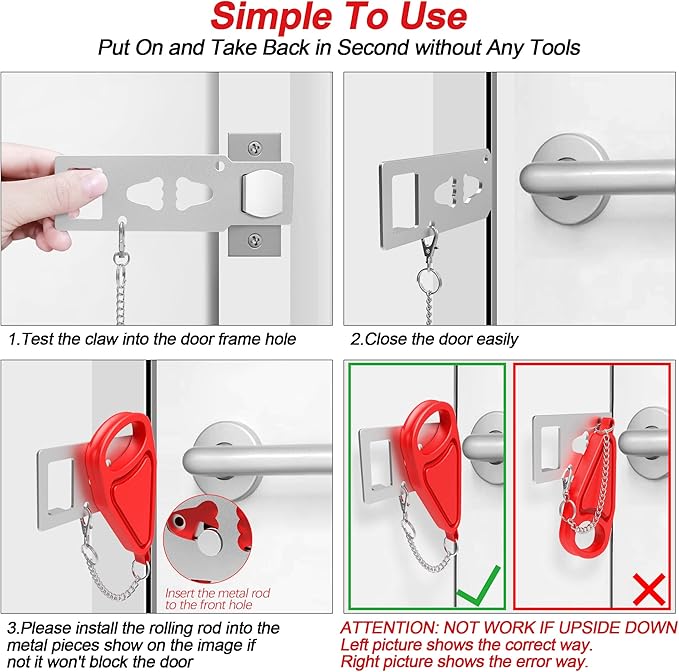 Portable Door Lock for Home Security Travel Lockdown Locker Safety Locks for Additional Safety and Privacy Perfect for Traveling Apartment College Red