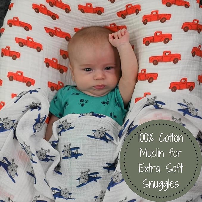 LollyBanks Muslin Swaddle Blanket, 100% Muslin Cotton Baby Blankets for Boys, 47 X 47 Inches Baby Boy Swaddles, Breathable and Lightweight Infant Blanket, Newborn Essential, Registry (Airplane Print)