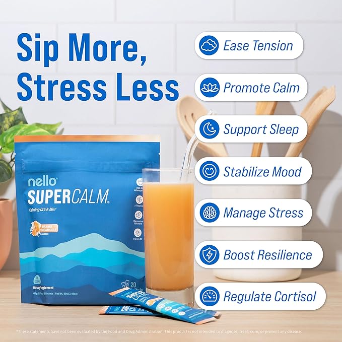 Nello Supercalm Powdered Drink Mix, Cortisol Reducer* and Sleep Aid Supplement, L Theanine, Ksm-66 Ashwagandha, Magnesium Glycinate, Vitamin D 3, No Sugar, Non GMO, On The Go, 20 Ct, Orange Creamsicle