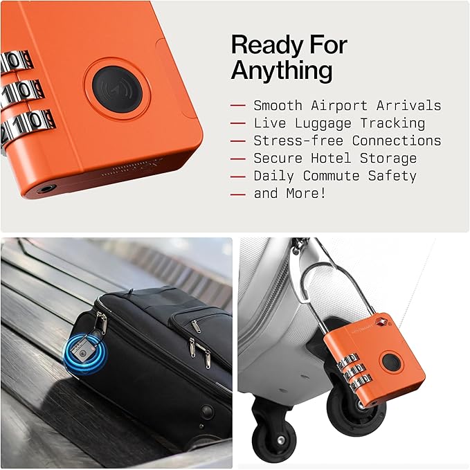 KeySmart SmartLock Tracking Luggage Locks, TSA Locks for Luggage, Combination Lock Compatible with Apple Find My App, Best Travel Essentials, Replaceable Non-Rechargeable Battery (Orange 3 Pack)