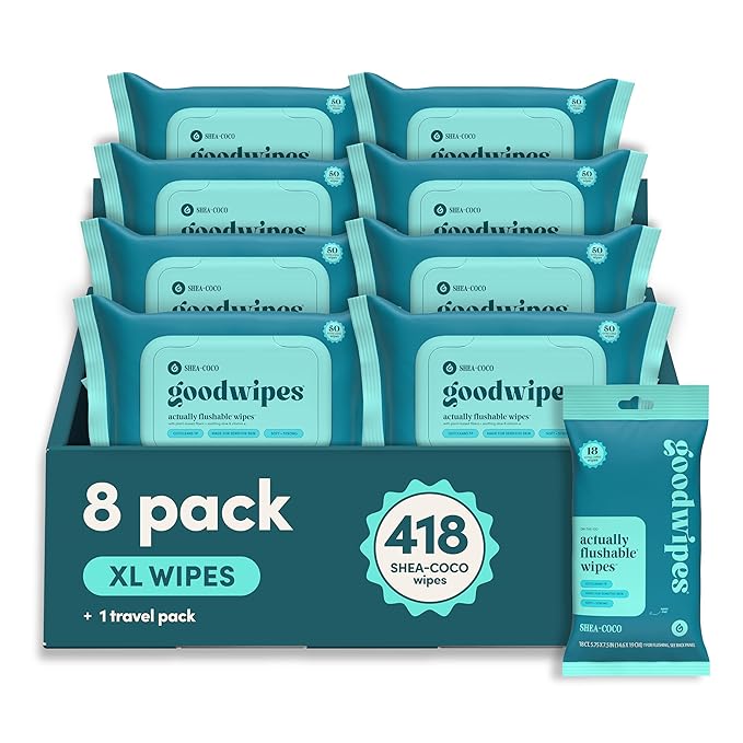 goodwipes Flushable Butt Wipes - Vitamin E & Aloe - Sewer & Septic Safe - Extra Large Adult Wet Wipes For Women & Men - Bathroom Essentials - Shea-Coco, 418 Count (8 Packs + 1 Travel)