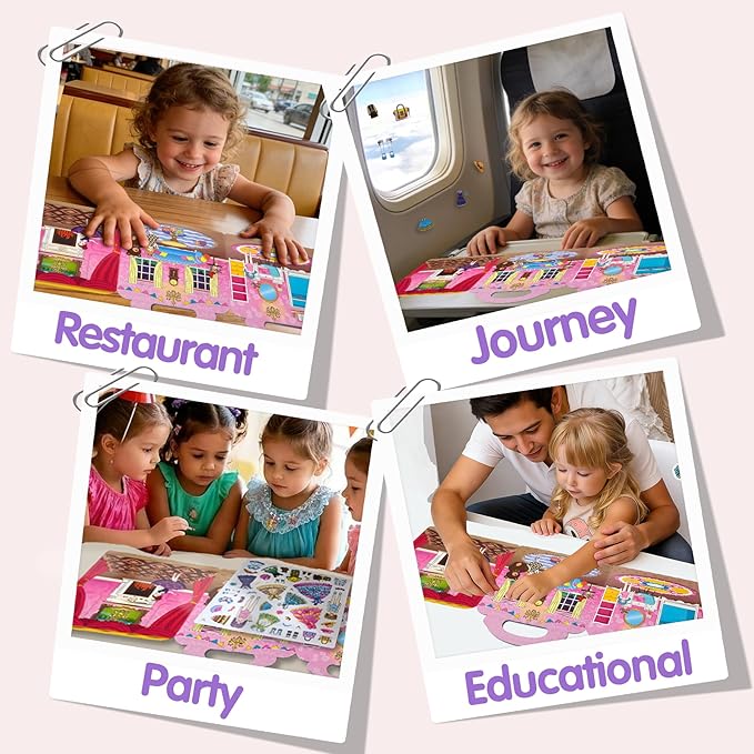 2 Sets Reusable Sticker Book for Kids, Puffy Jelly Stickers for Toddlers, Travel Essentials Craft Activities Toys for Girls Birthday Gifts - Princess, Fruits & Vegetables