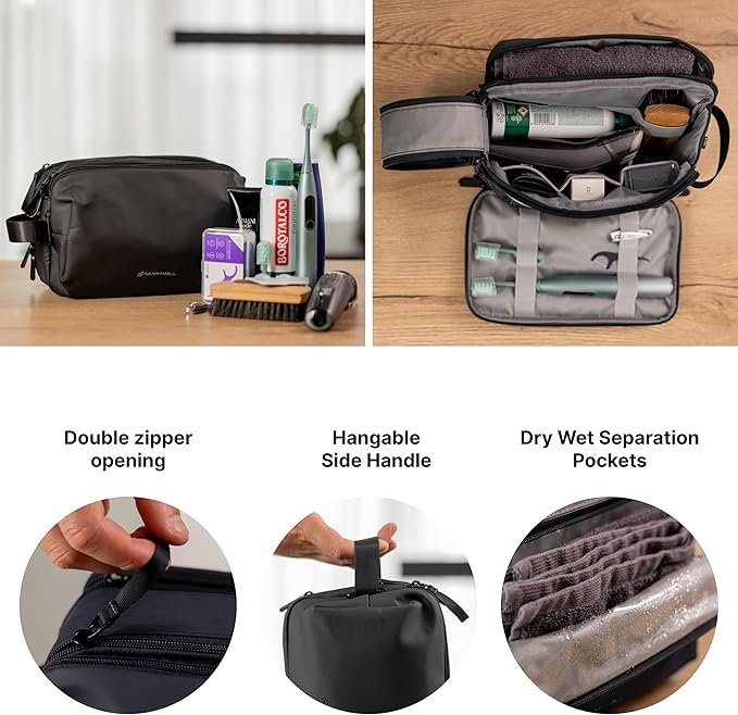 Carrywell (Not Made In China) Toiletry Bag For Men, Shaving Kit, Travel Organizer Dopp Kit, Interior Compartments and Pockets For Toiletries and Accessories, Black