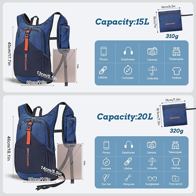 BECOJADDE 20L Small Hiking Backpack for Men Women Foldable Packable Back Pack Ultralight Hiking Daypack for Travel Camping Outdoor, Navy Blue