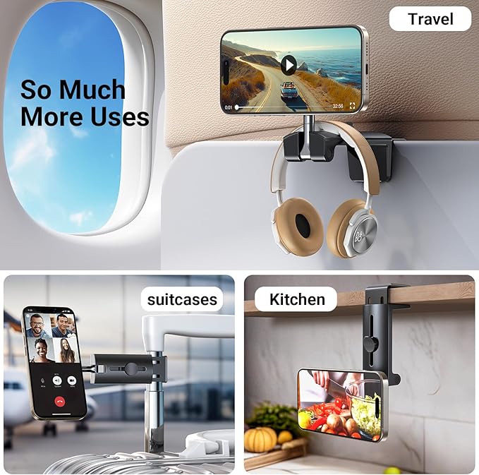 Airplane Phone Holder for Magsafe【100% Stable】 4 in 1 Adjustable Phone Mount, Travel Gadgets for Flight Trays, Seat-Back Tables, and Tables for iPhone 17,16, 15, 14, 13, 12 and Android