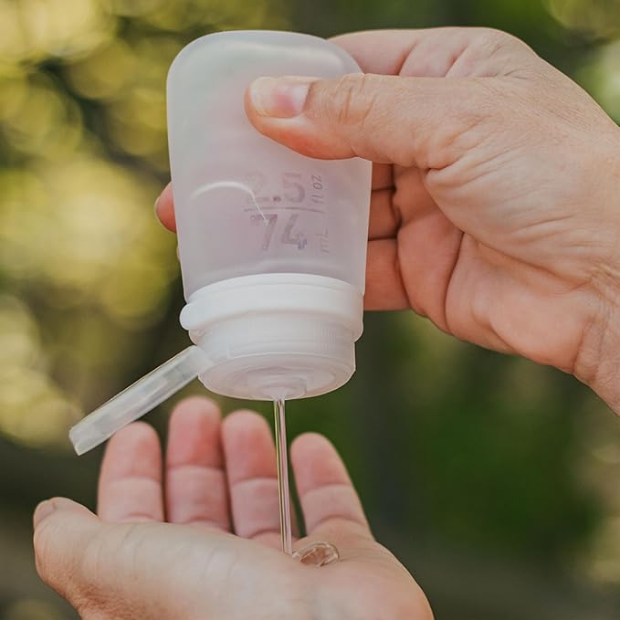 humangear GoToob+ Bottles - Silicone Leak-Proof Travel Tubes for Toiletries, Camping & TSA Carry-On (3-Pack), Medium (2.5 fl oz; 74ml), Clear/Red/Orange