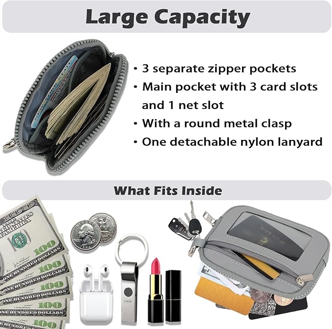 Prime Comfort Small Zip Wallet with Anti - Loss Tether, ID card package Holder, Student daily wallet, card bag, ID bag Holder (With Tether-Grey)