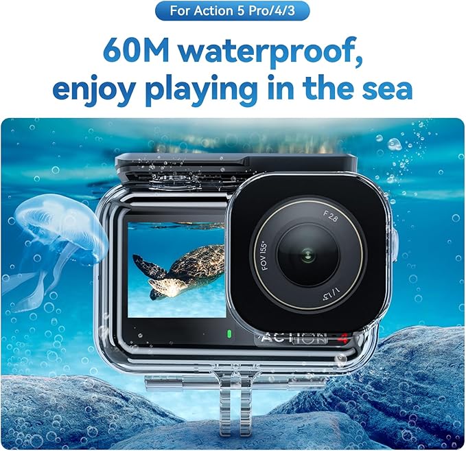 TELESIN Waterproof Case for DJI Action 5 Pro Action 4/3 Camera, with Anti-Fog Underwater Housing Shell Cage Supports 60M/196FT Deep Diving Scuba Snorkeling Swimming with Quick Release Screw