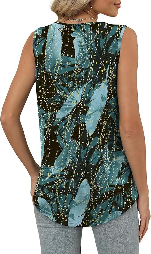 OFEEFAN Tank Top for Women Loose Fit Sleeveless Shirts V Neck Summer Clothes Ruched Women's Tees and Tanks Curved Hem
